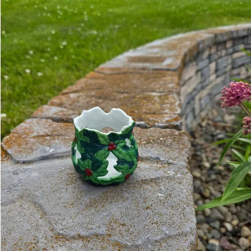 Vintage Holly & Berry Votive Tealight Candle Holder Christmas Ceramic Festive